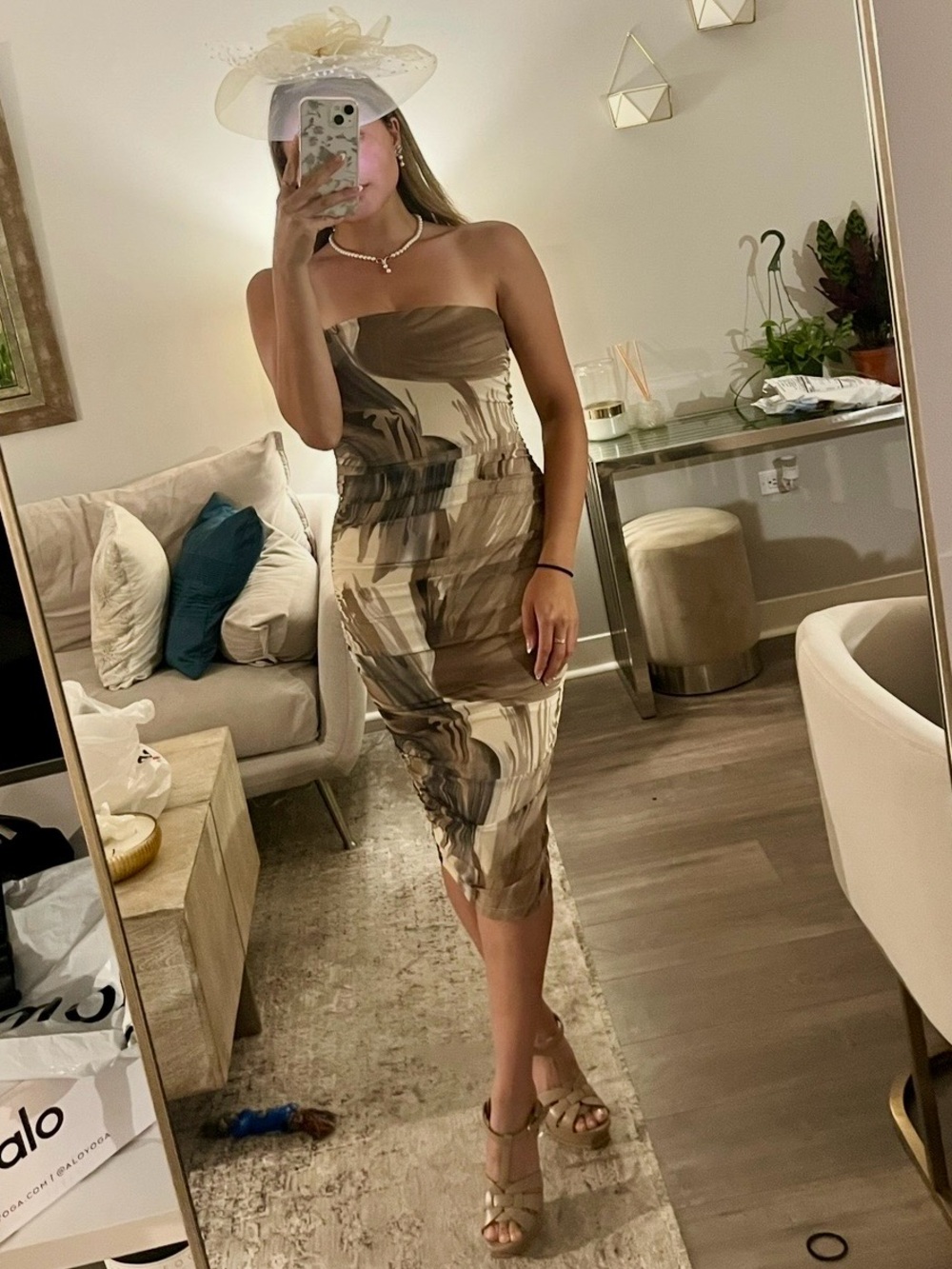 Windsor Strapless Midi Dress in Neutral Marble Swirl